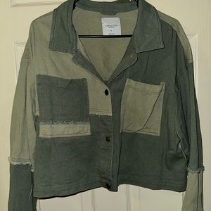 Olive Cropped Denim Distressed Jacket